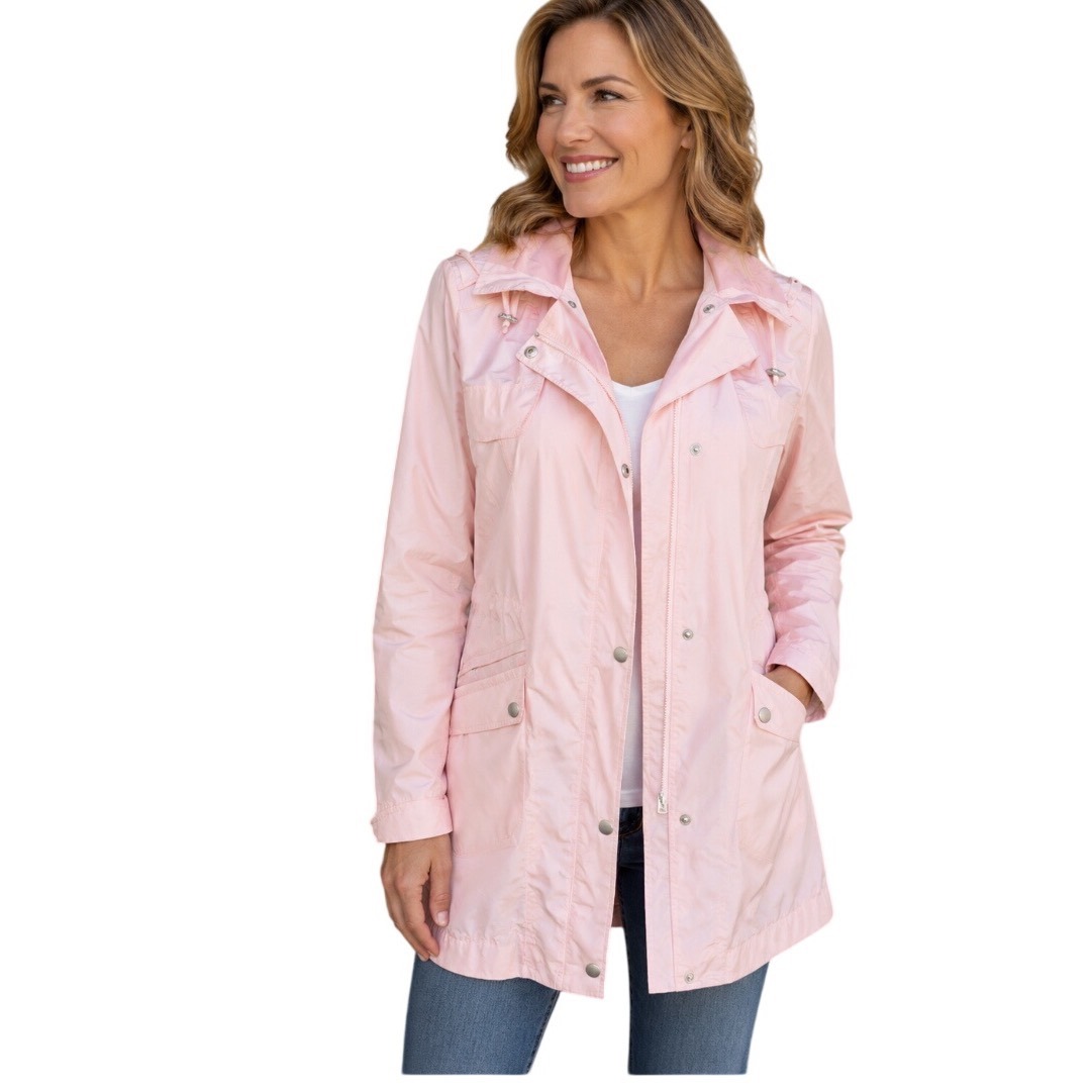 Cole Haan Pink Utility Windbreaker Jacket Zip Away Hood Lightweight Rain Coat M